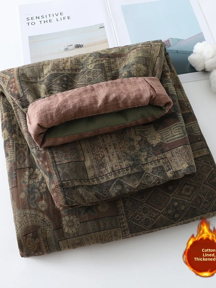 กางเกงขายาวทรงกว้างสำหรับผู้หญิง ผ้าฝ้ายลินินพิมพ์ลาย เอวยางยืด สไตล์วินเทจ อบอุ่น เหมาะสำหรับฤดูหนาว ดีไซน์ศิลปะย้อนยุค รุ่น Thiened