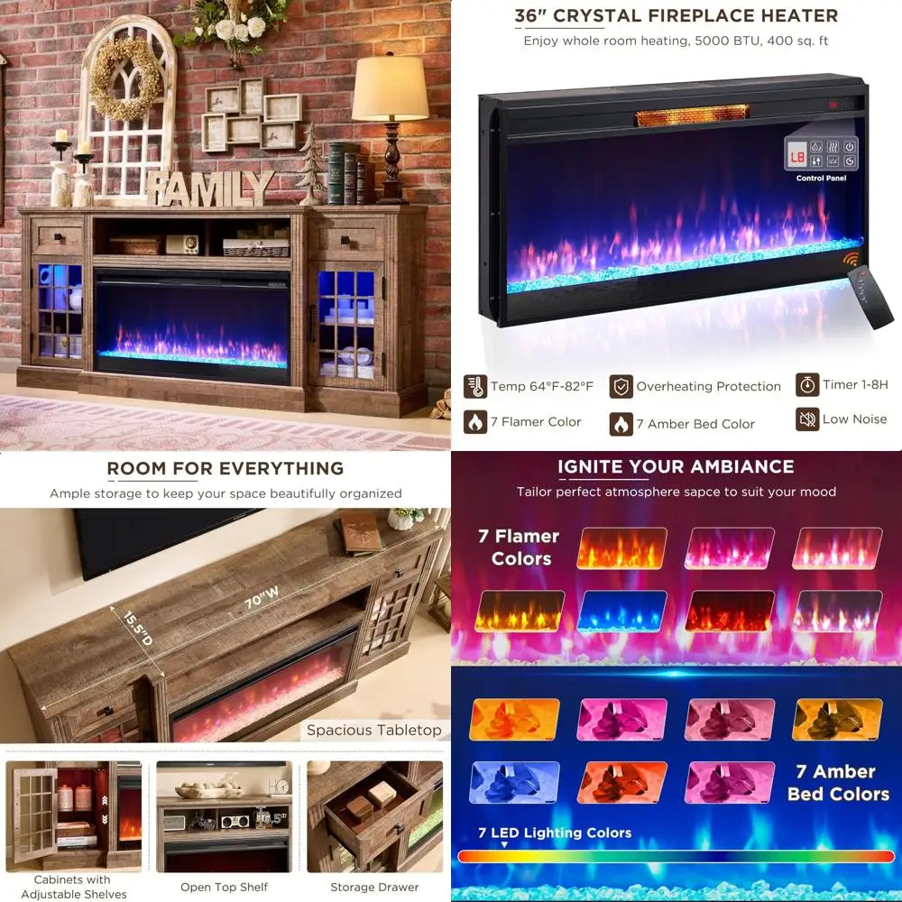 مركز الوسائط الحديث مع 36 مدفأة كهربائية، وأضواء LED، لـ 80 تلفزيونًا