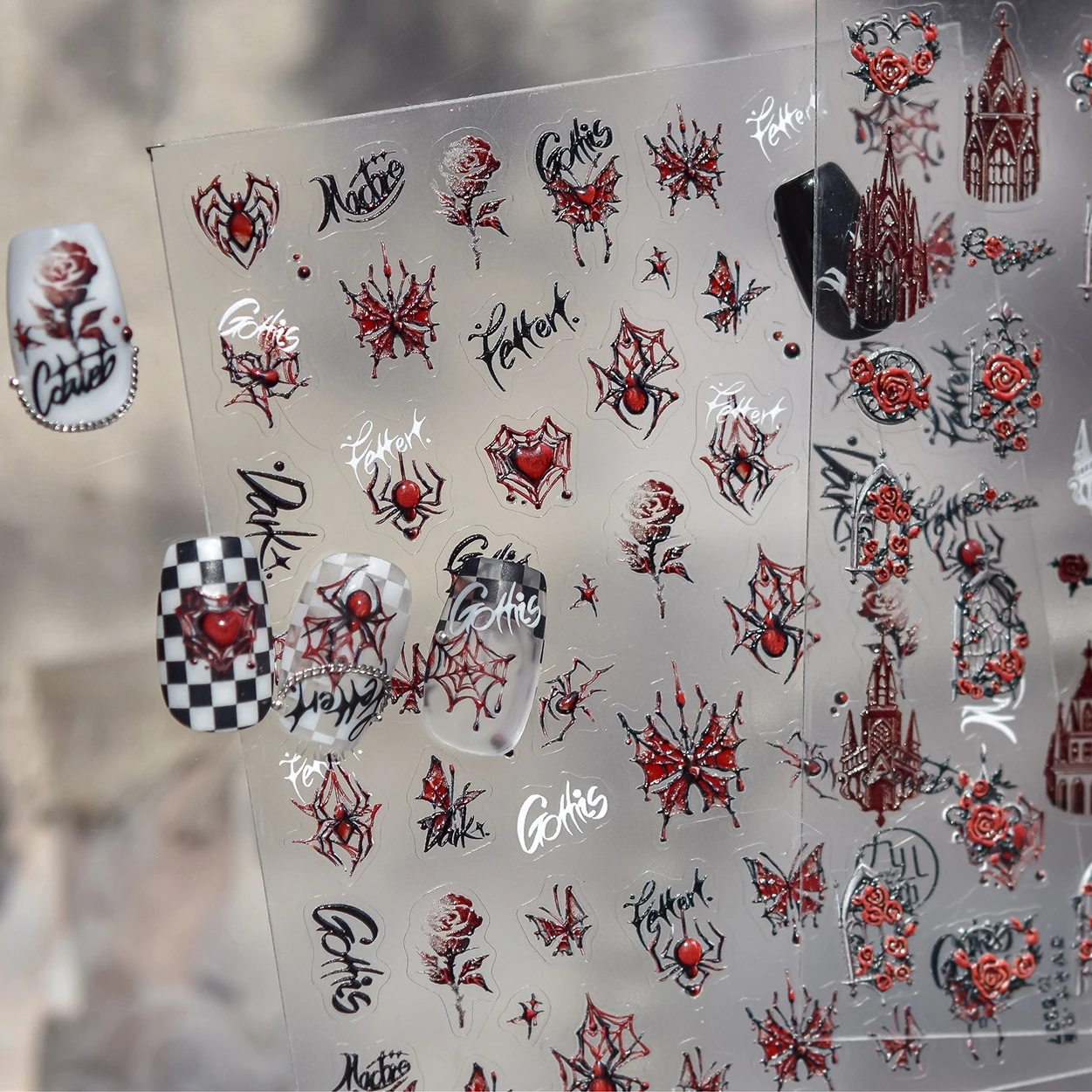 Terror Castillo Rosa flores ventana mariposa telaraña amor corazón Halloween negro oscuro Y2K cráneo fantasma pegatinas para decoración de uñas calcomanías