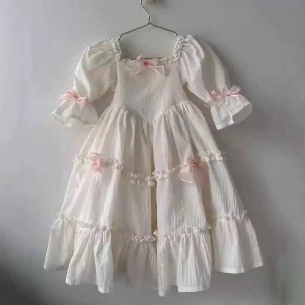 Girls Lolita Cotton Linen Dress 2026 Summer Solid Color Mid Sleeve Bow Princess Dress Vintage Palace Style Kids Party Dresses