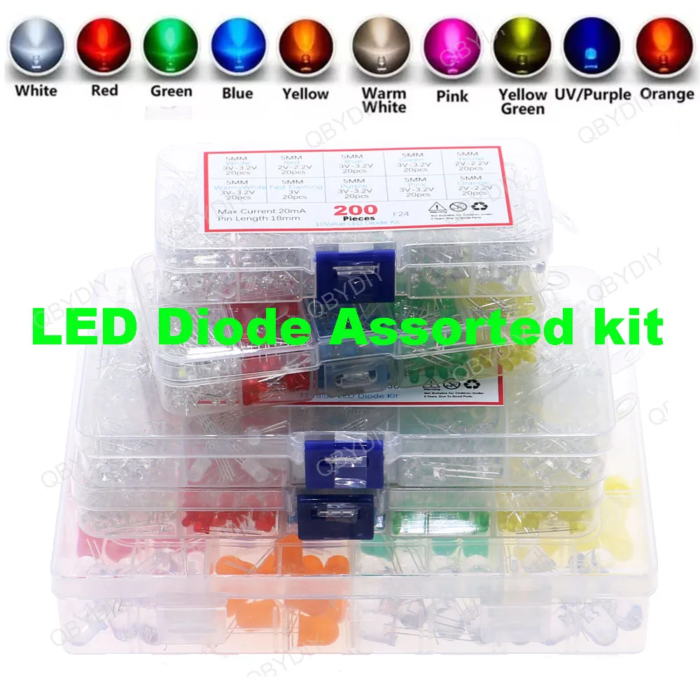 LED Diode Assorted Kit RGB-White-Green-Red-Blue-Yellow-Orange-Pink-Purple-Warm White