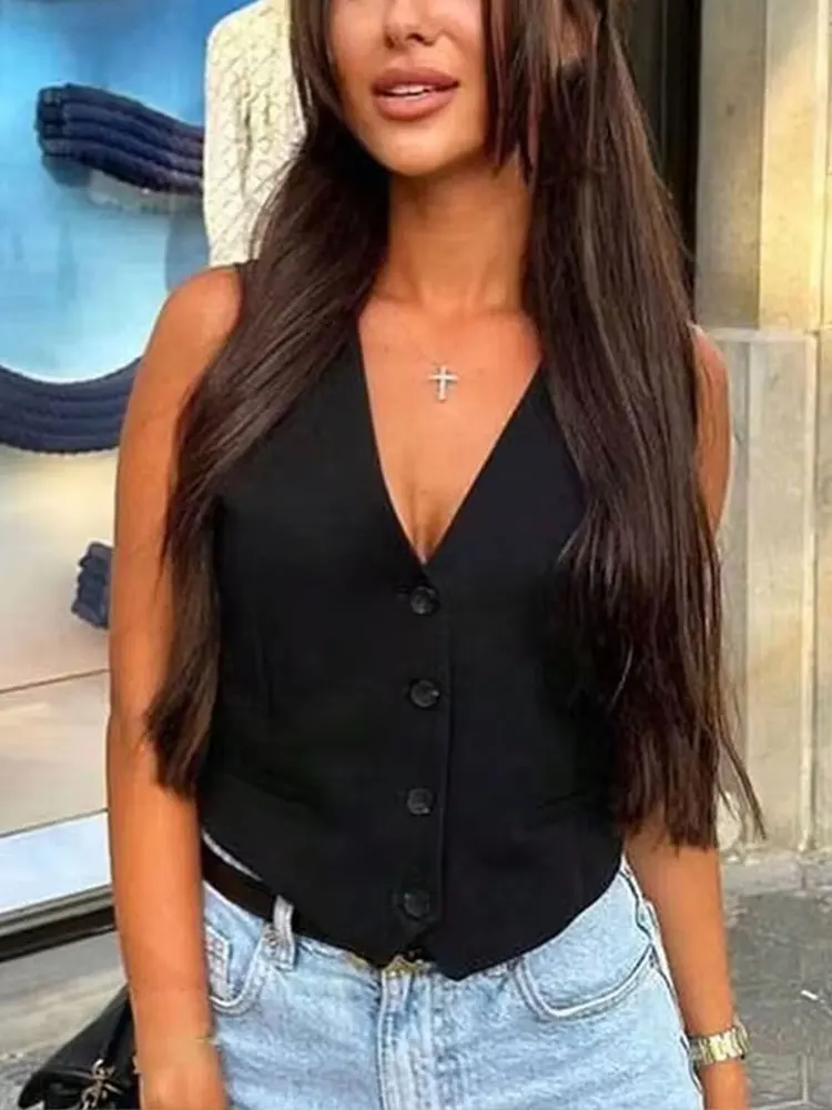 HH Spring Summer Vest For Women Elegant Fashion V-Neck Sleeveless Short Waistcoat Tops Single-Breasted Slim Vest Y2K Streetwear