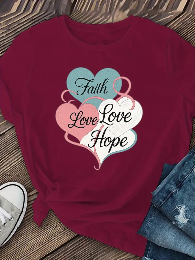 Faith Love Hope Letter Print T Shirt Women Morandi Multi Color Heart Graphic Tees Harajuku Casual Short Sleeve Black Top Female Clothing
