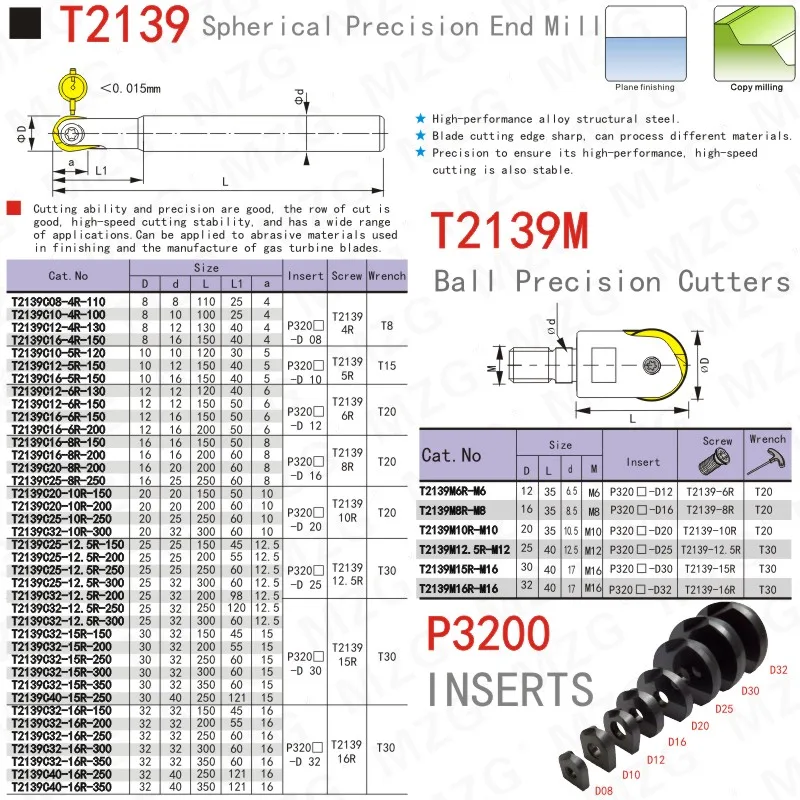 MOSASK 1PC półokrągła wkładka P3200 D08 D10 D20 D32 dla T2139 Adapter sferyczny CNC frez wykończeniowy frez precyzyjny frez trzpieniowy