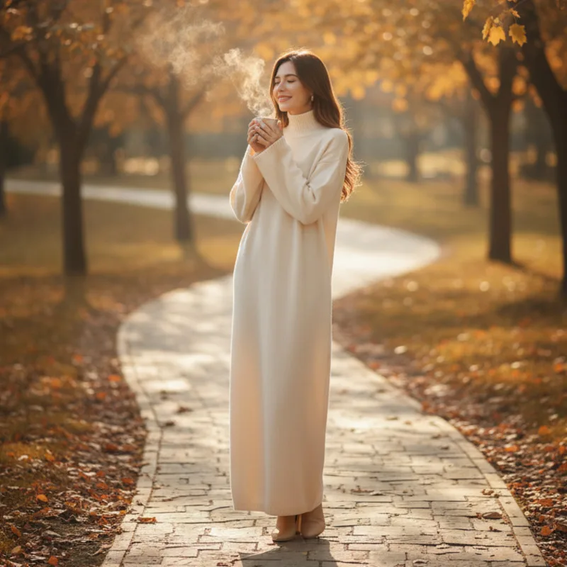 

Elegant Women's Knitted Turtleneck Dress Long Sleeve Sweater Casual Autumn Winter Dress Comfortable Warm Fashion For Daily Wear