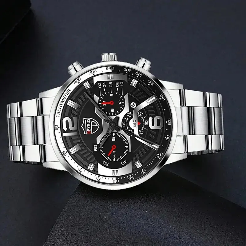 3PCS Set DEYROS Fashion Mens Calendar Watches Men Business Stainless Steel Quartz Wristwatch Male Casual Necklace Bracelet Watch