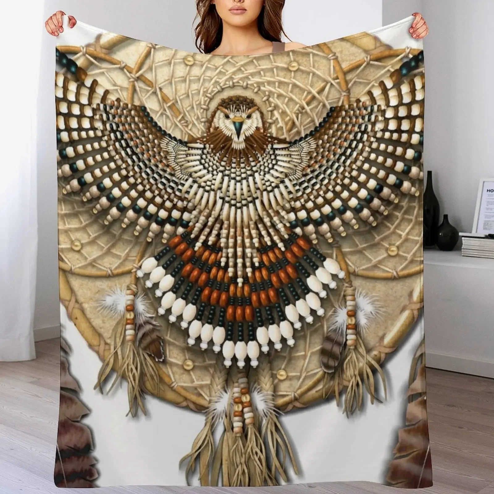 Red-Tail Hawk Dreamcatcher Mandala Throw Blanket Long Lasting Soft Plush Blanket for Daily Use