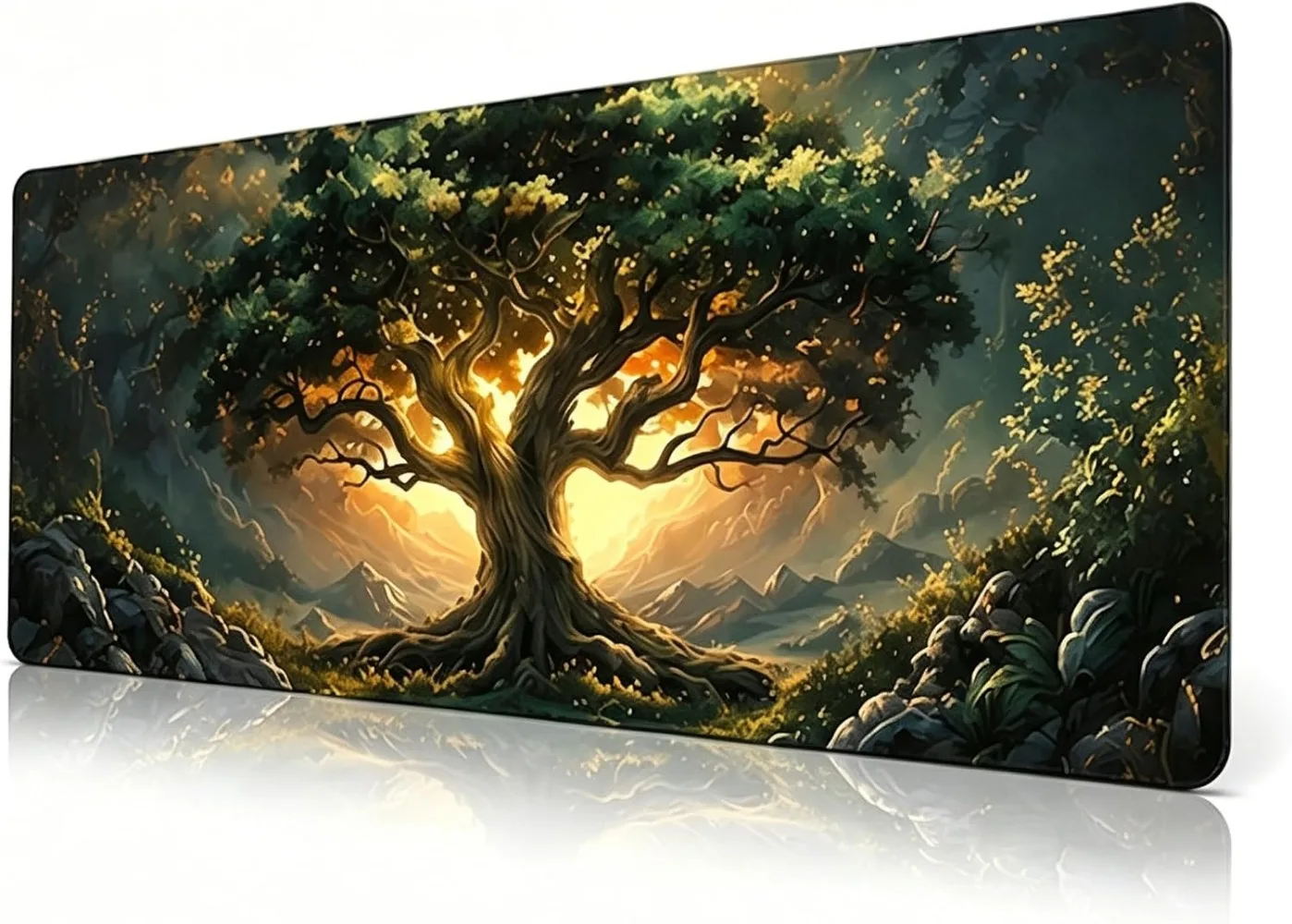Fantasy World Tree Large Gaming Mouse Pad Extended Desk Mat Non‑Slip Rubber Base Stitched Edge Keyboard Mouse Mat for PC office