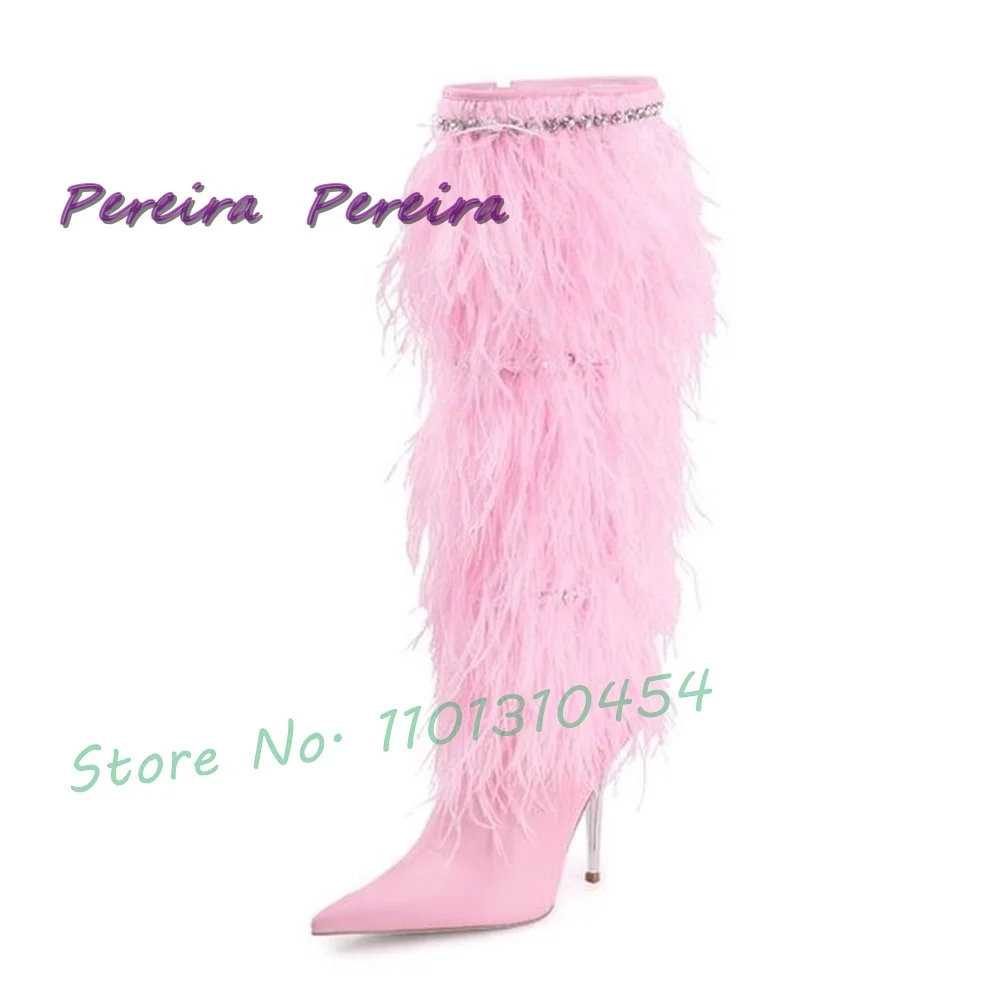 Women Feather Knee-High Boots Pink Pointed Toe Jewel Chain Stiletto Solid Hot Sale Large Size High Heel Long 2025 Winter Shoes