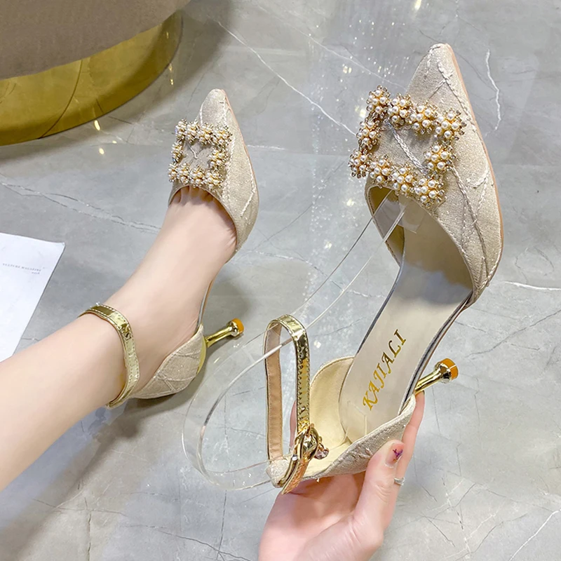 Rimocy Bling Crystal Thin Heels Pumps Women Pointed Toe Ankle Strap Med Heel Party Shoes Woman Elegant Pearl High Heels Shoes