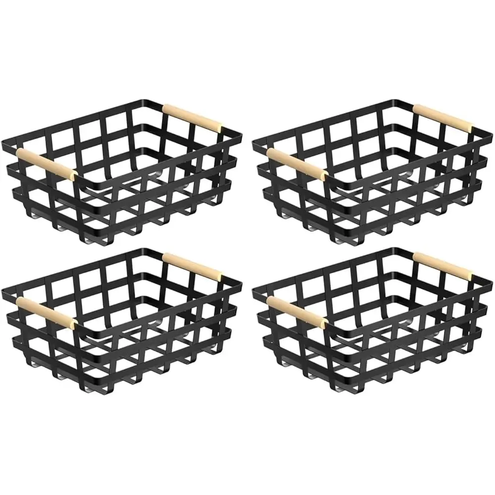 

4 Packs Large Metal Storage Baskets,Farmhouse Baskets,Matte Bla Pantry Organizer Baskets With Wood Handle, Metal Baskets Bins