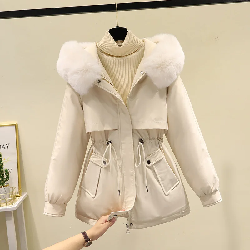 Women Hooded Parkas Coats Mid Lenth Jacket Oversize Solid Fur Collar Drawstring Waist Zipper Loose Elegant Casual Winter 2025