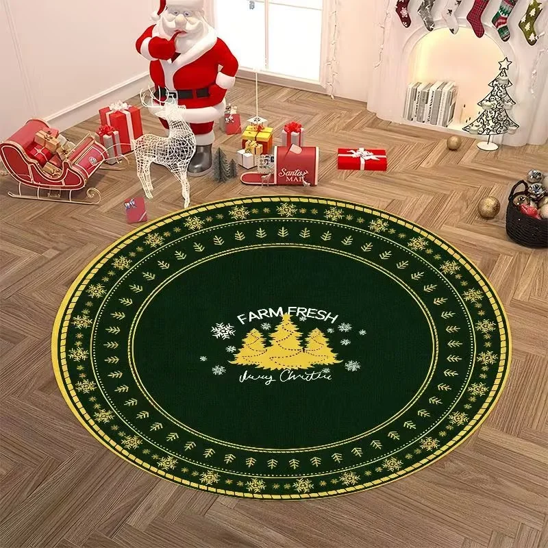 Green Farm Fresh Christmas Round Rug Pine Tree Snowflake Border Print Circular Floor Mat for Bedroom Living Room Holiday Decor