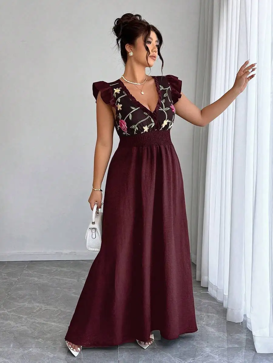 

Embroidered Floral Maxi Dress With Flare Sleeves And Shirred Waist For Women
