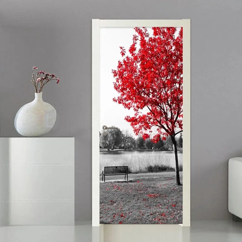 

Maple Leaves Park Door Sticker Mural Cover Home Decorative Retro Autumn Landscape Door Wallpaper