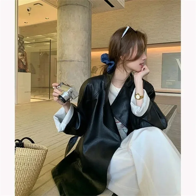 Chaqueta de cuero negra dulce y fresca para mujer, abrigo cortavientos de piel sintética ajustado con temperamento, Top medio largo para primavera y otoño