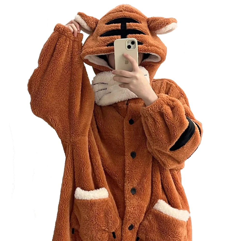 

Tiger Pajamas Cosplay Costume Cartoon Animal Hooded Nightgown Flannel Winter Plush Warm Nightdress Women's Sleeping Dress Robes