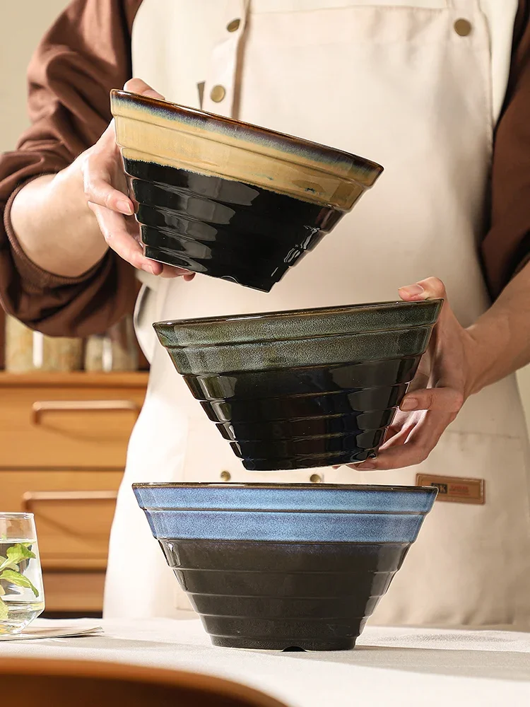 Ceramic retro large household soup bowl, Japanese restaurant commercial bamboo hat bowl, heat-resistant ramen