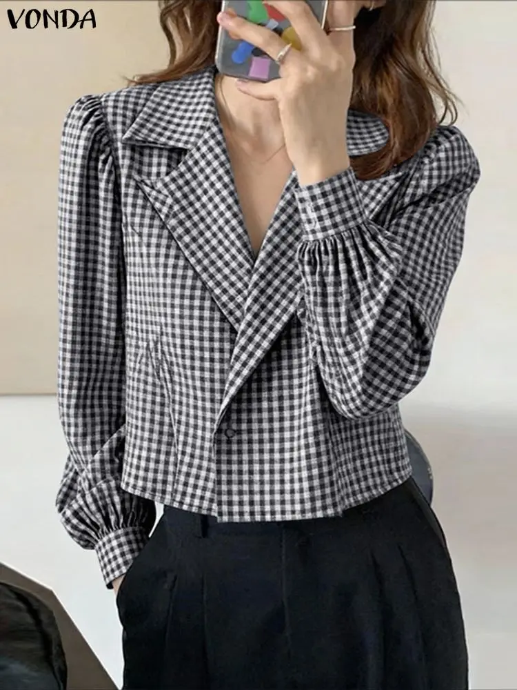 VONDA, camisas elegantes a la moda para oficina para mujer, blusa a cuadros de manga larga para mujer, Blusas informales holgadas con estampado Vintage para otoño 2025, Tops para mujer