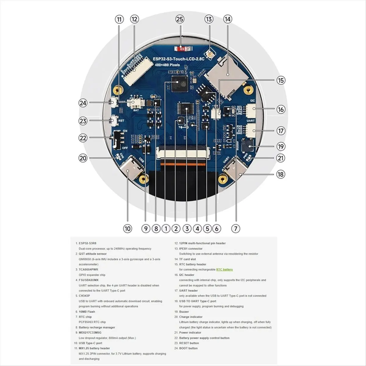 CH◆☆§- 2.8inch Capacitive Touch Round Display Development Board, 480x480, Supports WiFi&Bluetooth, With Display~HOT SALE