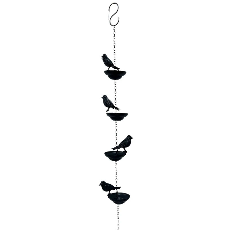 C7AC Garden Porch Rain Chain with Bird Figures, Metal Vertical Water Guide and Hook Gutter Alternative for Balcony Gazebo Home
