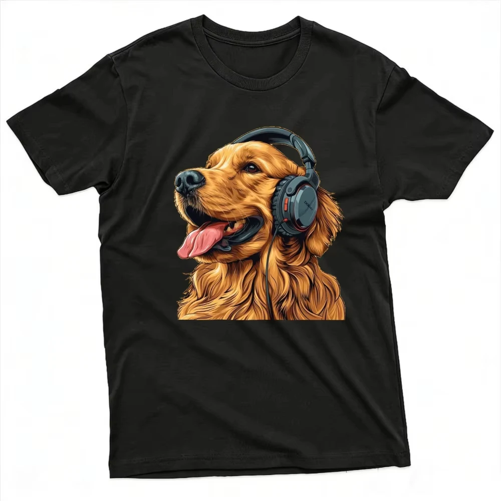 Golden Retriever Dog Wearing Headphones Graphic T Shirt Streetwear Tees Cool Animal Print Daily Holiday Gift For Dog Music Lover