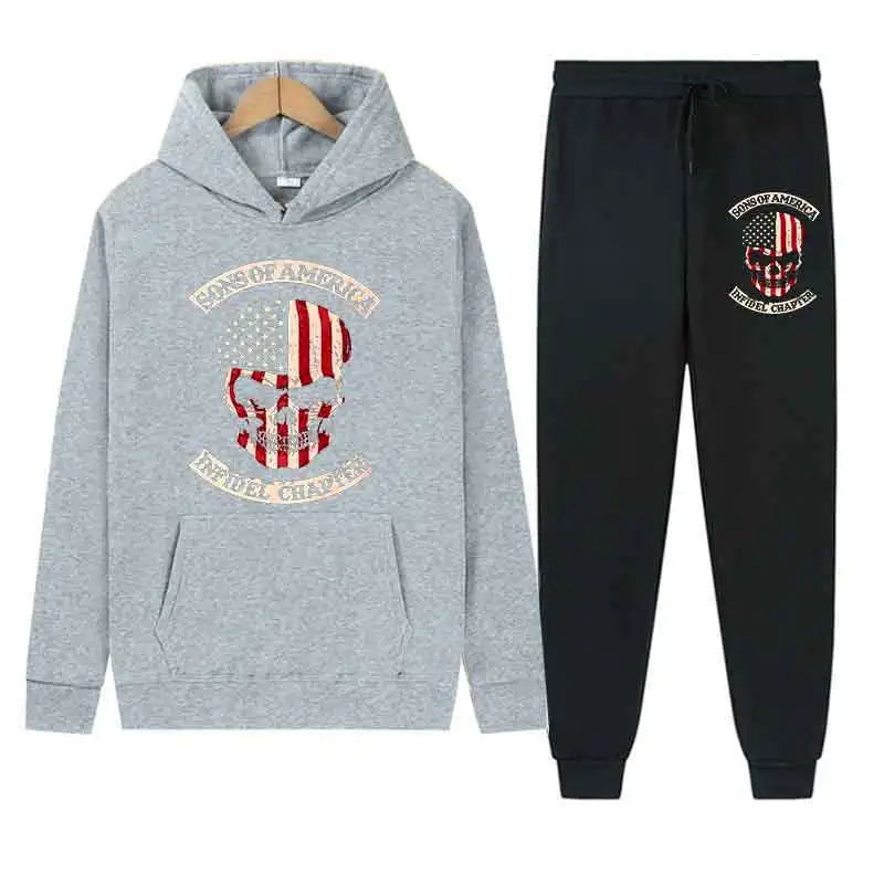 

Spring Autumn Men Casual 2PC Sets Trend Hoodie Tops Long Pant Warm Sweatshirts Daily Street Fashion Flag Skull Print Sports Suit