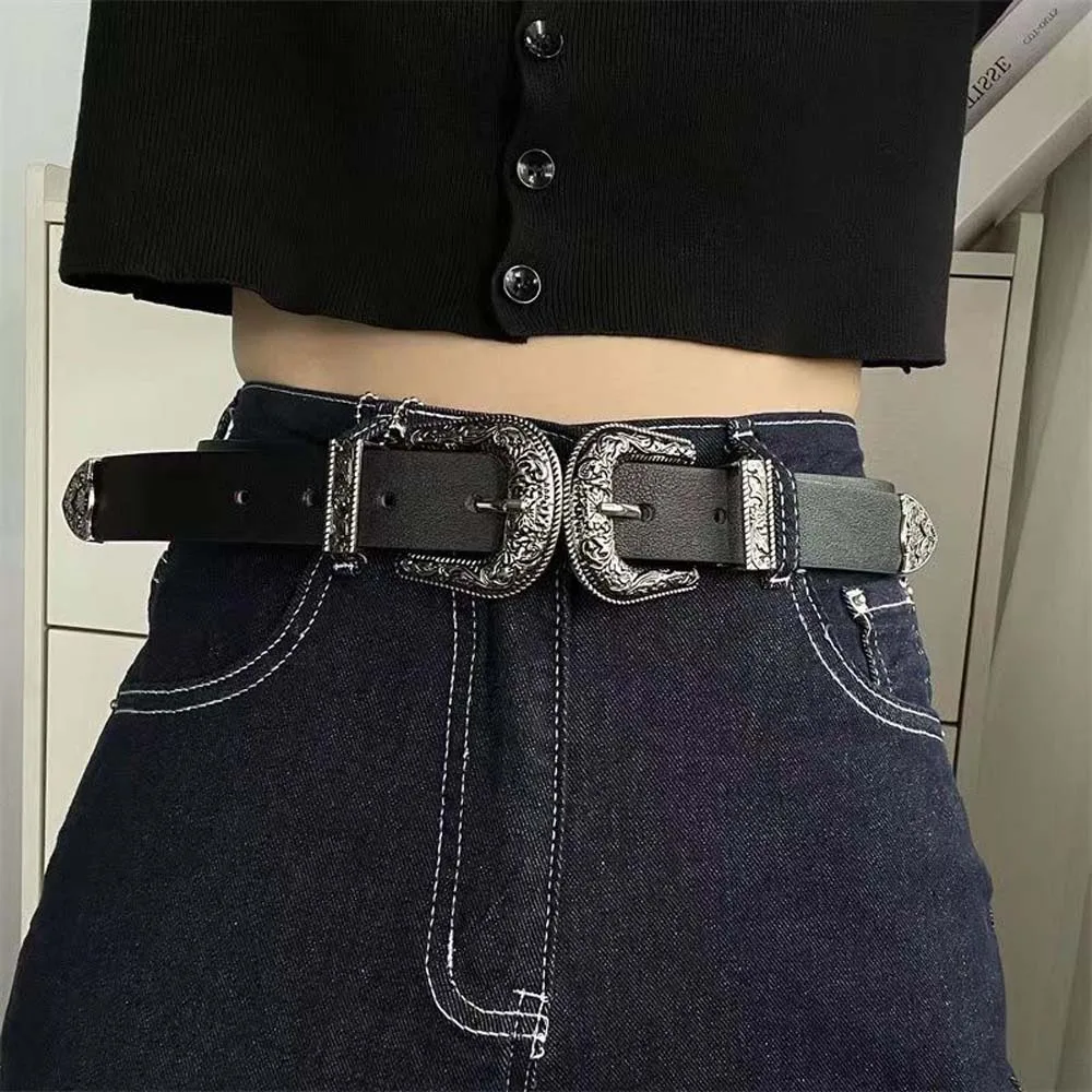 Jeans Decor Cool Double Buckle Waist Belt Wide American Style Carved Buckle Belt Coffee Khaki PU Vintage Waistband Festival