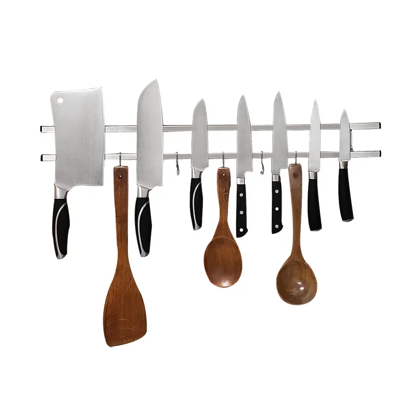 40 45 50cm Double Rod Magnetic Knife Holder Stainless Steel 304 Non-piercing Wall Mount Knife Block Magnet Storage Rack