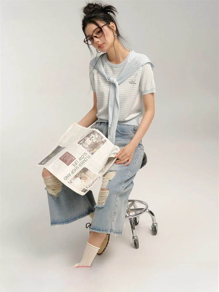 

Chill Zoe Moon oulder ort Sve Women's T-irt Design Sensation Summer Faion Commute Sle Loose Fit Stripe Pat...