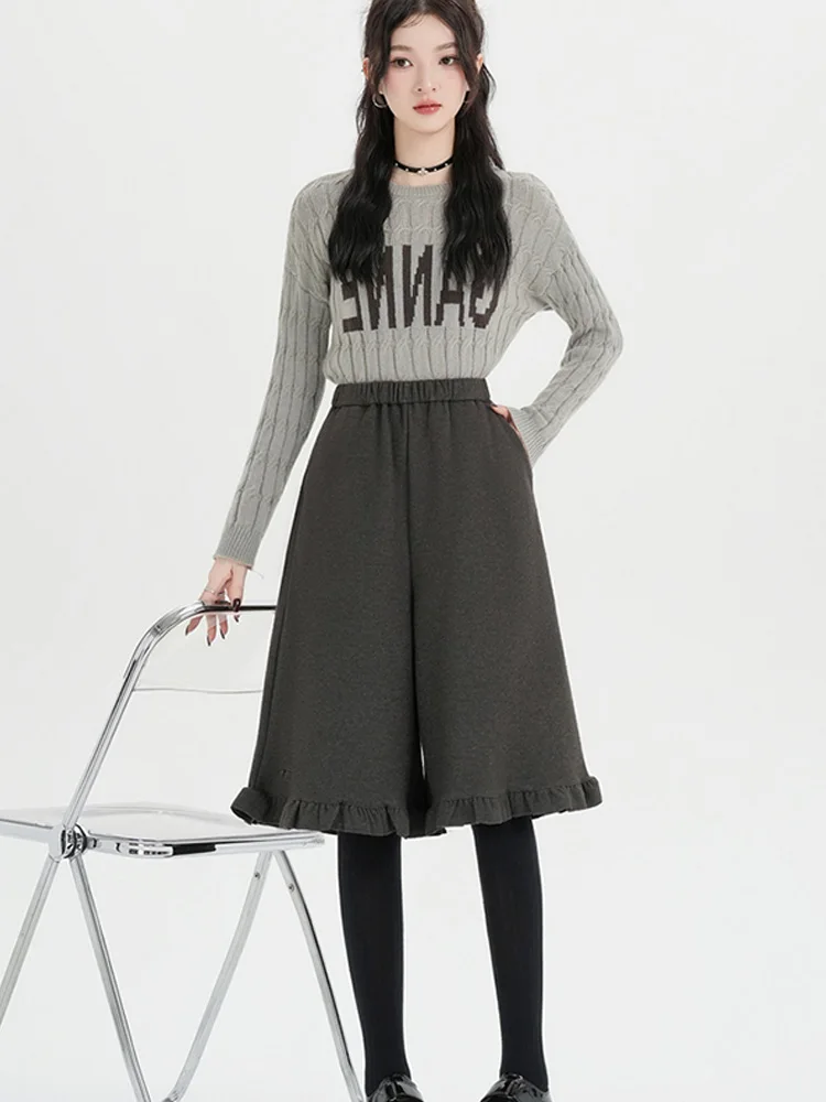 Zoete wollen zevenpunts casual broek met schimmelrand voor dames in herfst en winter, elastische taille, afslankende broek met rechte pijpen