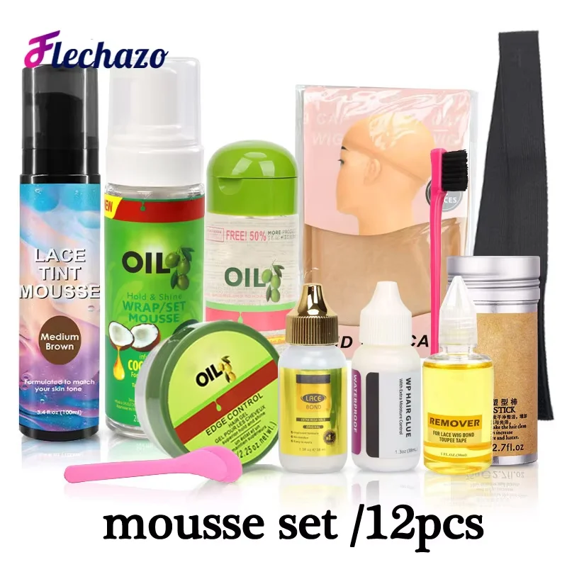 Essentials Lace Front Wig Kit 12Pcs Wig Glue And Remover Hd Wig Caps Elastic Band Hair Wax Stick Edge Control Lace Tint Spray