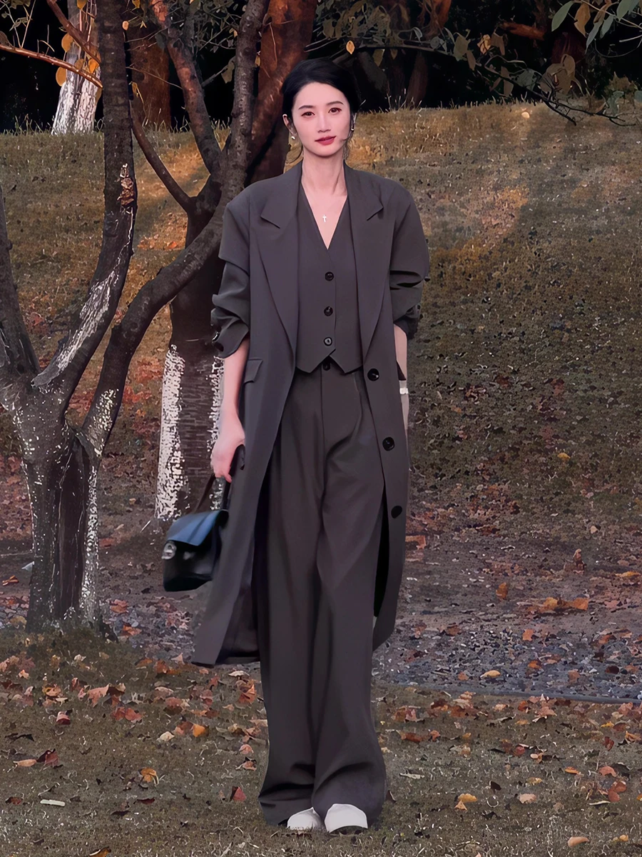 

Elegant Three-Piece Women's Suiting Coat Set with Single Button Vest And Wide Leg Pants for Autumn Fashion Commute Casual