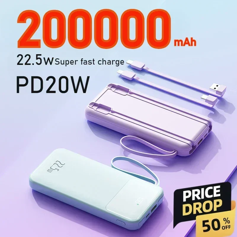 

Внешний аккумулятор, 30000 мАч, 22,5 Вт, PD20W, Встроенный кабель, Сверхбыстрая зарядка, подходит для многих мобильных телефонов