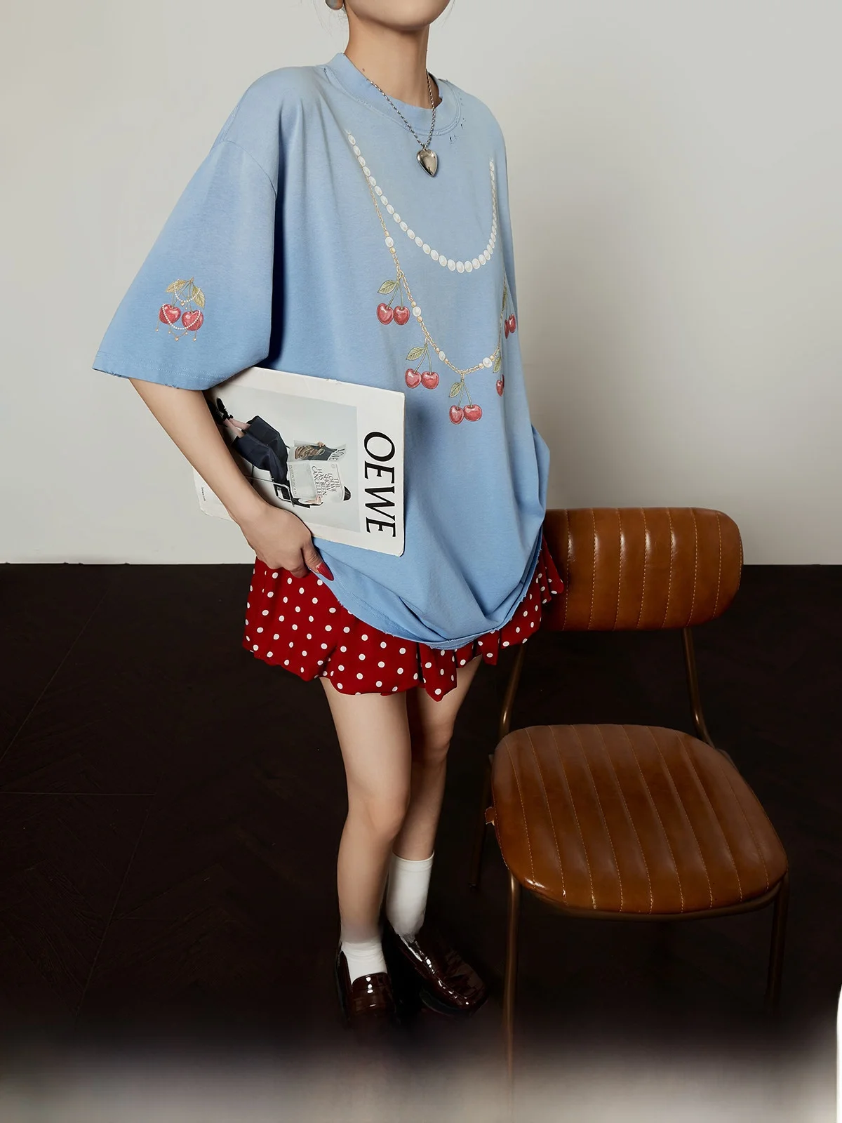 

Cherry Pearl Print T-Shirt Women's Loose Summer Cotton Short Sleeve Shirt Youthful Style Comfortable Breathable Soft