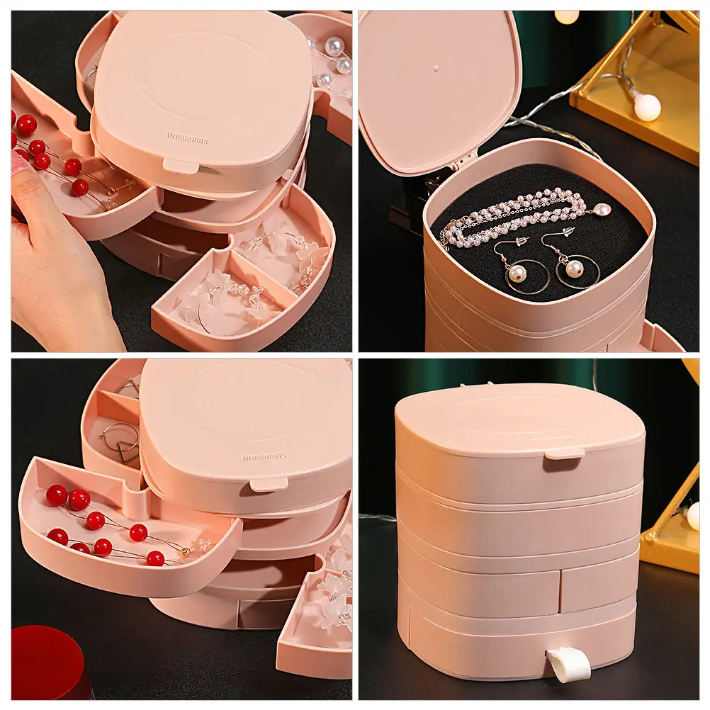 

4-Layer Plastic Jewelry Box Round Storage Organizer for Earrings Rings Necklace Travel Size Rotating Container