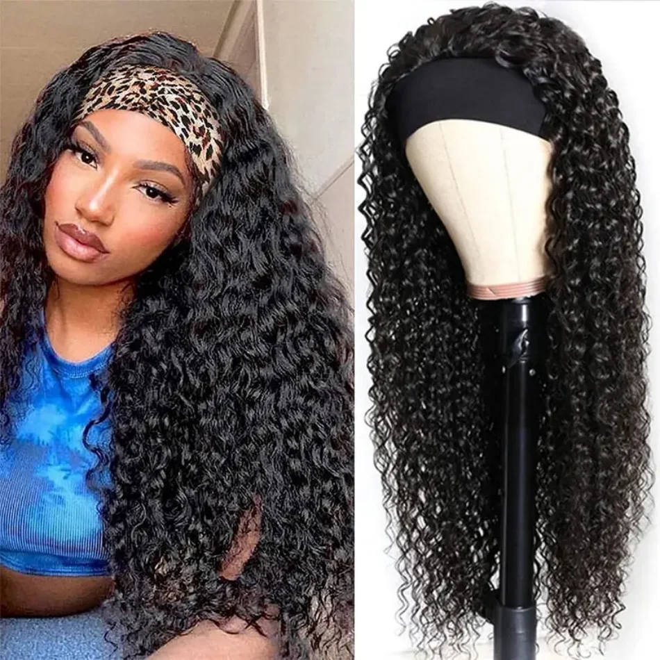 Headband Deep Wave Synthetic Wig 24 Inches Deep Wave Wigs for Women with Half Head Wig Attached Synthetic Wigs Drawstring Natural Black Half  Machine Wigs