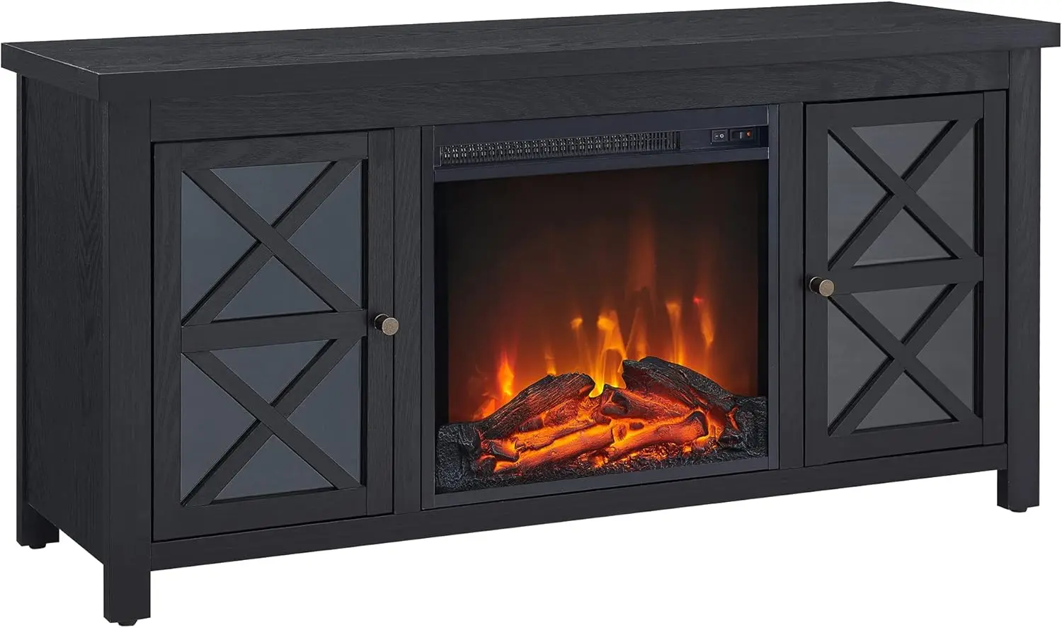 Mueble para TV rectangular con chimenea de troncos para televisores de hasta 55" en negro, muebles para TV con chimenea eléctrica para salón