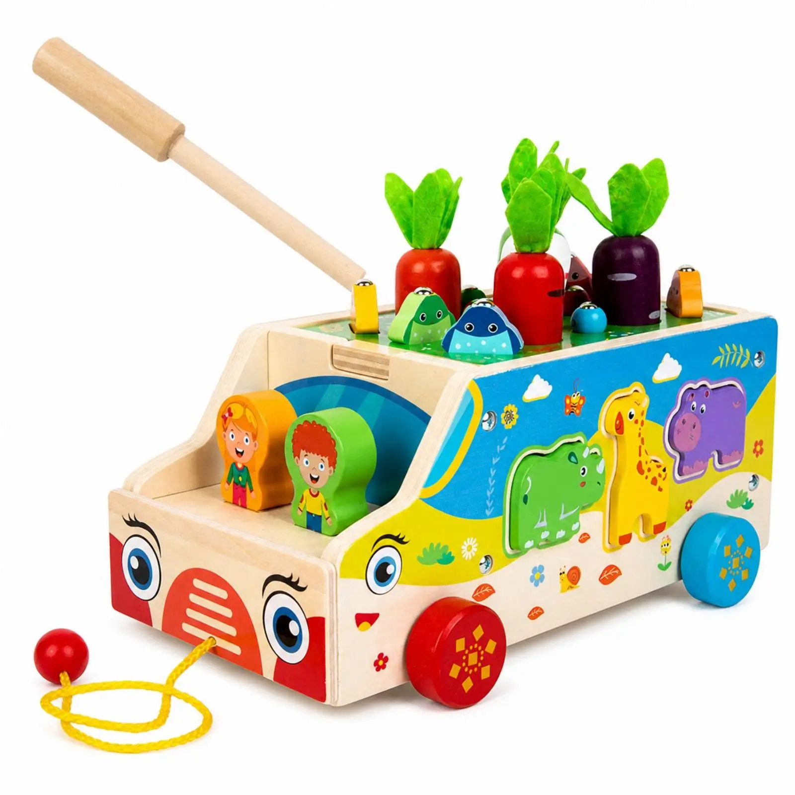 Pull-Along Activity Cart with Shape-Matching Pieces Multifunctional Wooden Learning Cart with Gears for Toddlers, Home Playtime
