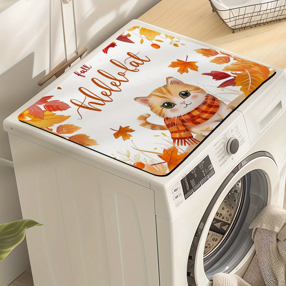 Hello Fall Cat Multi‑Use Mat Dish Drying Surface Mat Washing Machine Top Cover Non‑Slip Decor Mat for Kitchen Laundry Room