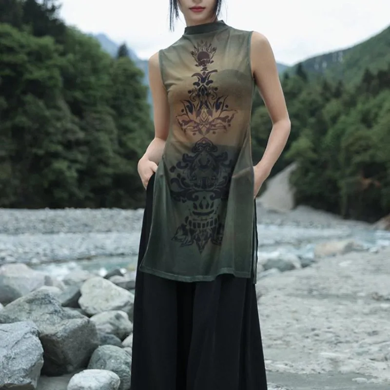 New Chinese Style Retro Printed Split Vest Lightweight Mesh Design for Women's Summer Slim Fit Half High Neck Top Fresh Elegant