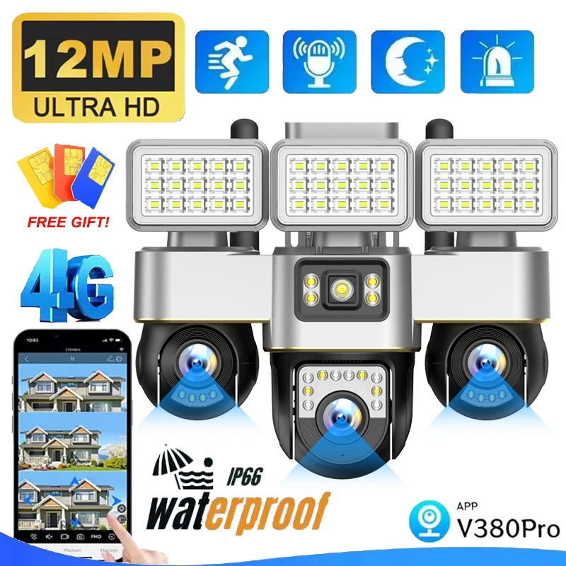 Telecamera di sorveglianza 12MP 4G Tre lenti CCTV impermeabile esterna Visione notturna a colori Monitor di tracciamento del movimento Cam Illuminazione a LED Cam