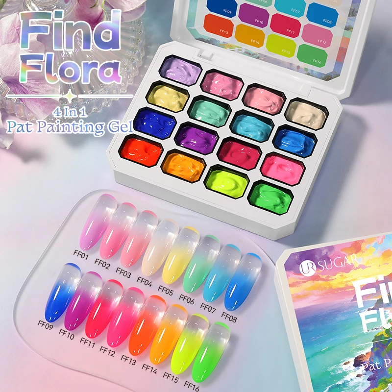 UR SUGAR 4 in 1 16 Kleuren Pat Painting Gel voor Gradient, Stamping, Tekenen, Patroon, UV/LED Gradient Patting Gel Palette