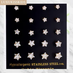 LUXUKISSKIDS 5pair/Lot Star Crystal Studs Earings Sets Stainless Steel Piercing Pack For Women/Men/Girls Fashion Korean Jewelry