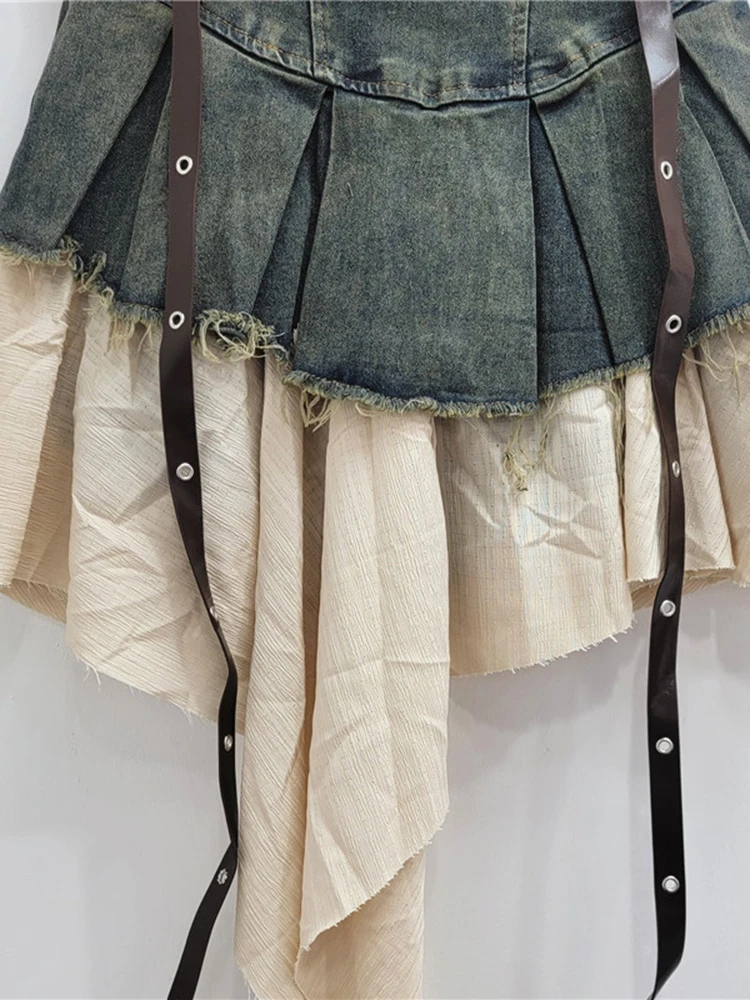DEAT modna moda damska patchworkowa dżinsowa plisowana spódnica 2024 jesień nowa bandażowa wysoka talia projekt spódnica trapezowa kobieta 33A1929