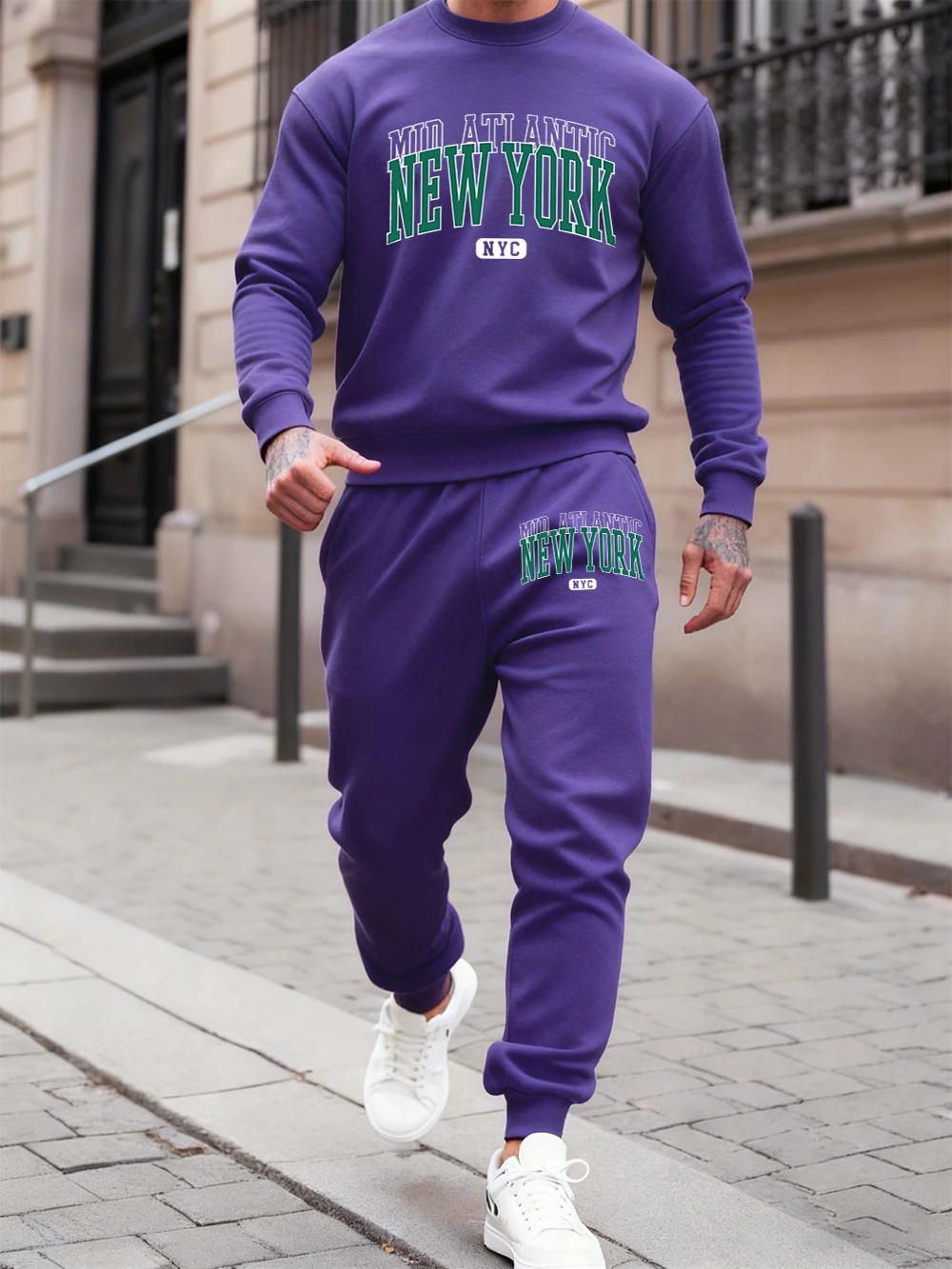 

2 Pcs Hoodies Set Mens New York Mid Atlantic Prints Sweatpants Winter Fleece Crewneck Hoody Jogging Pants Sporty Loose Clothes