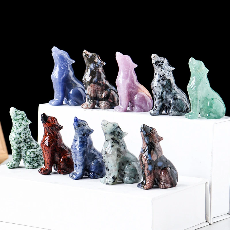 

2pcs Natural Crystal Wolf Animal Carvings Semi-Precious Stone Home Desktop Decoration Crafts Ornaments