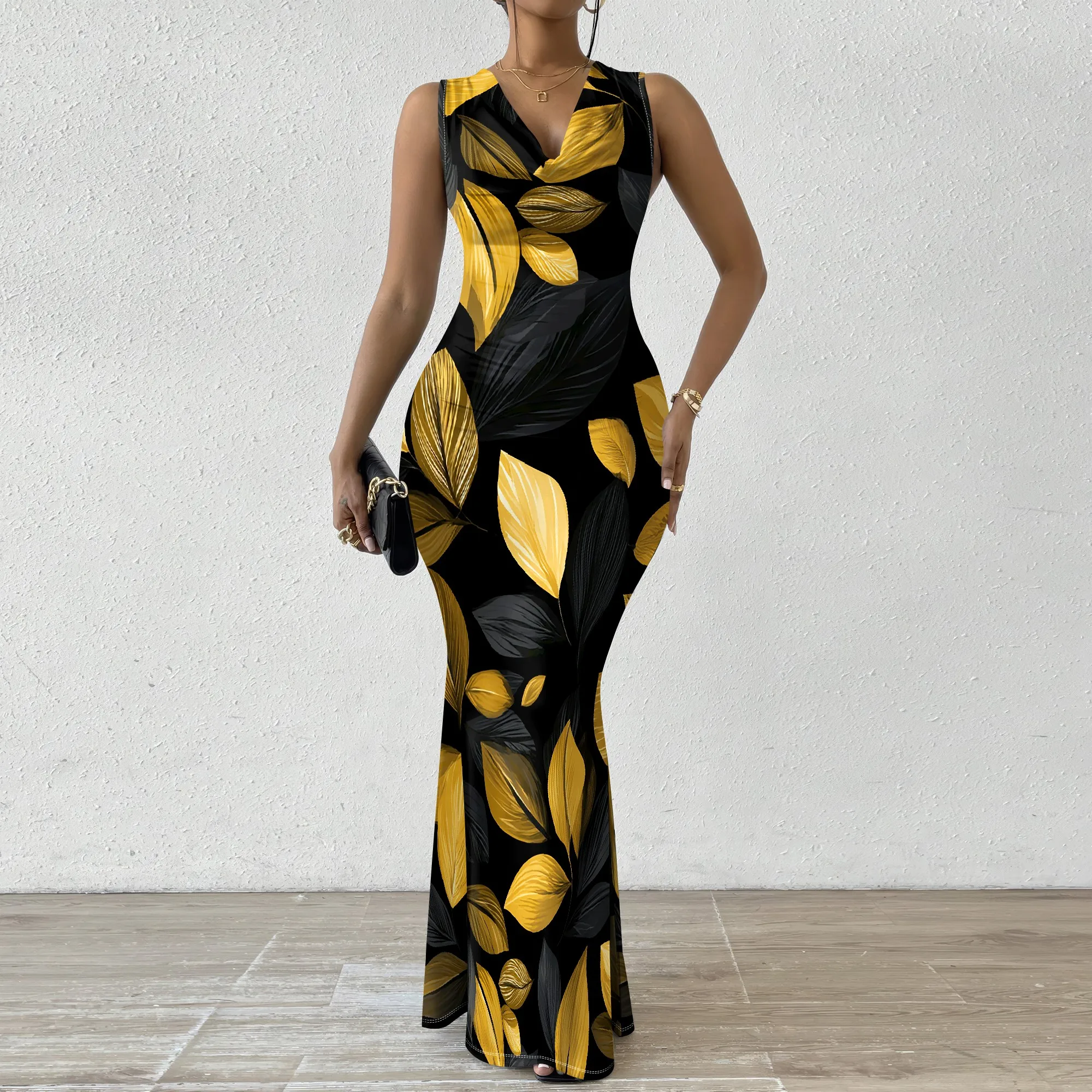

Elegant Women's Sleeveless Bodycon Maxi Dress Cowl Neck Black Gold Leaf Print Long Evening Gown