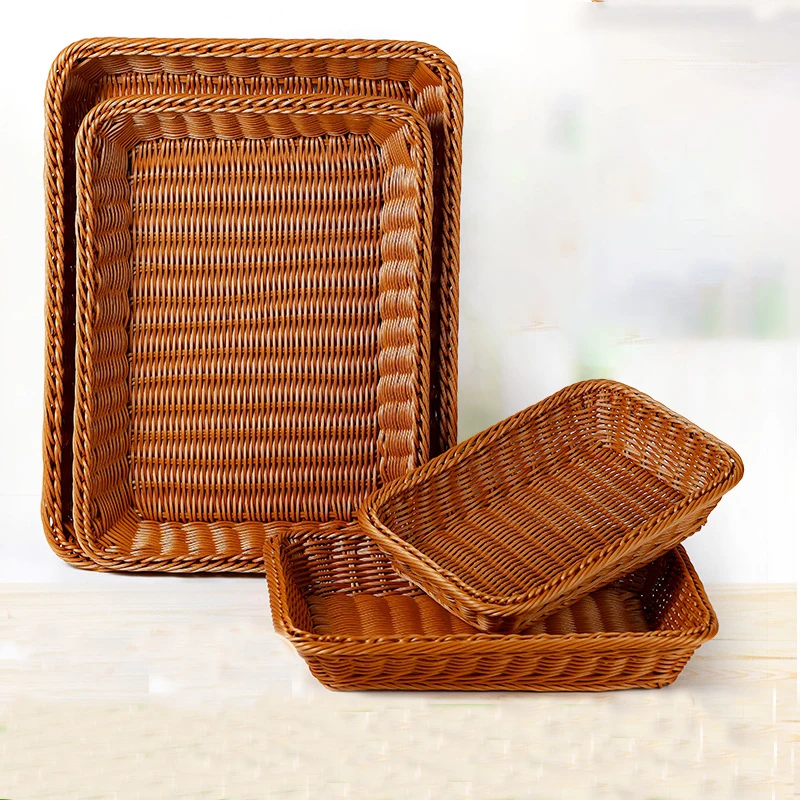 Imitation Rattan Storage Basket Rectangular Fruit Bread Basket Desktop Snack Storage Box Plastic Woven Basket Kitchen Storage