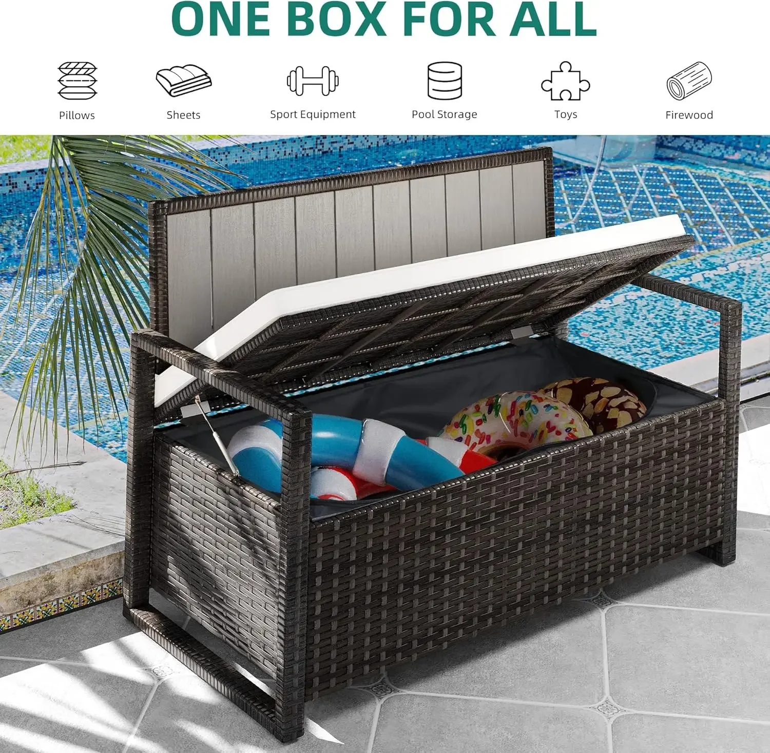 Gallon Outdoor Storage Bench, PE Rattan Deck Box, Wicker Seat Box for Patio Furniture,Cushions, Pooln